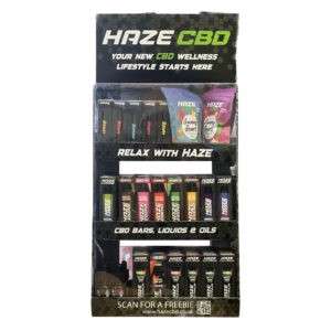 haze cbd stand with products